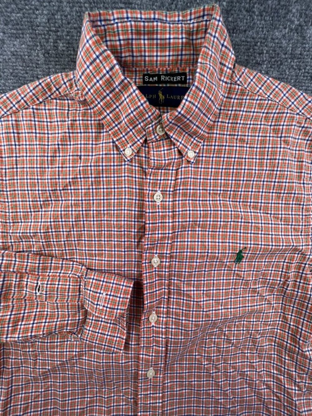 Ralph Lauren Button Up Shirt Long Sleeve Men Orange Blue White Plaid Small